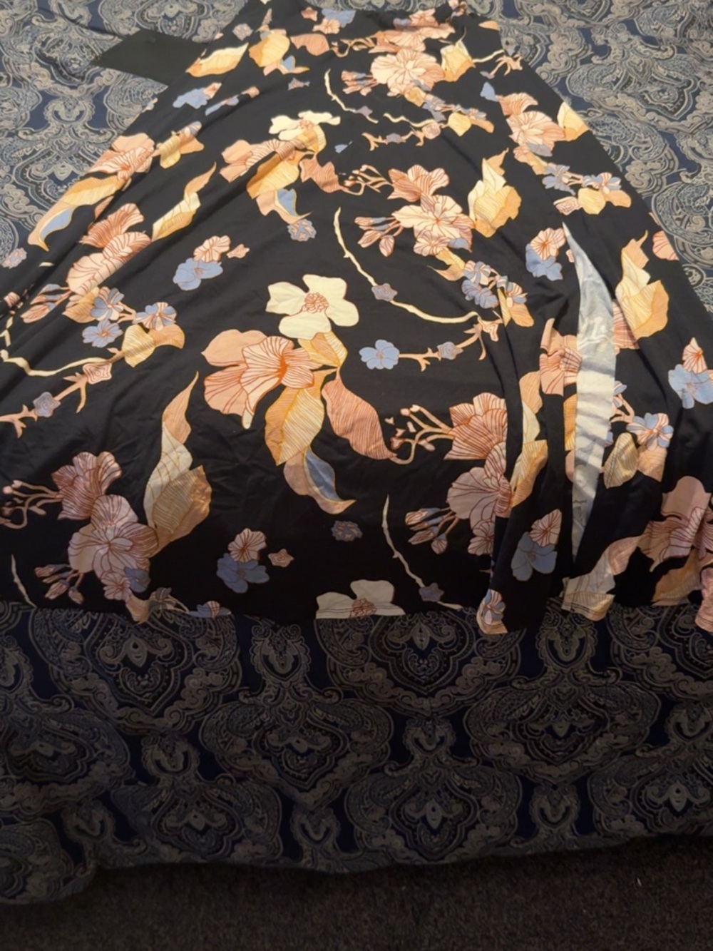 Floral Black Midi Skirt with Peach and Light Blue Flowers